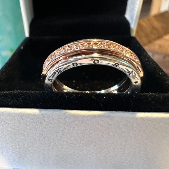 Genuine Pandora Rose Gold Signature Two-Tone Logo Pave Ring 182773C 58 (9) - Picture 5 of 11